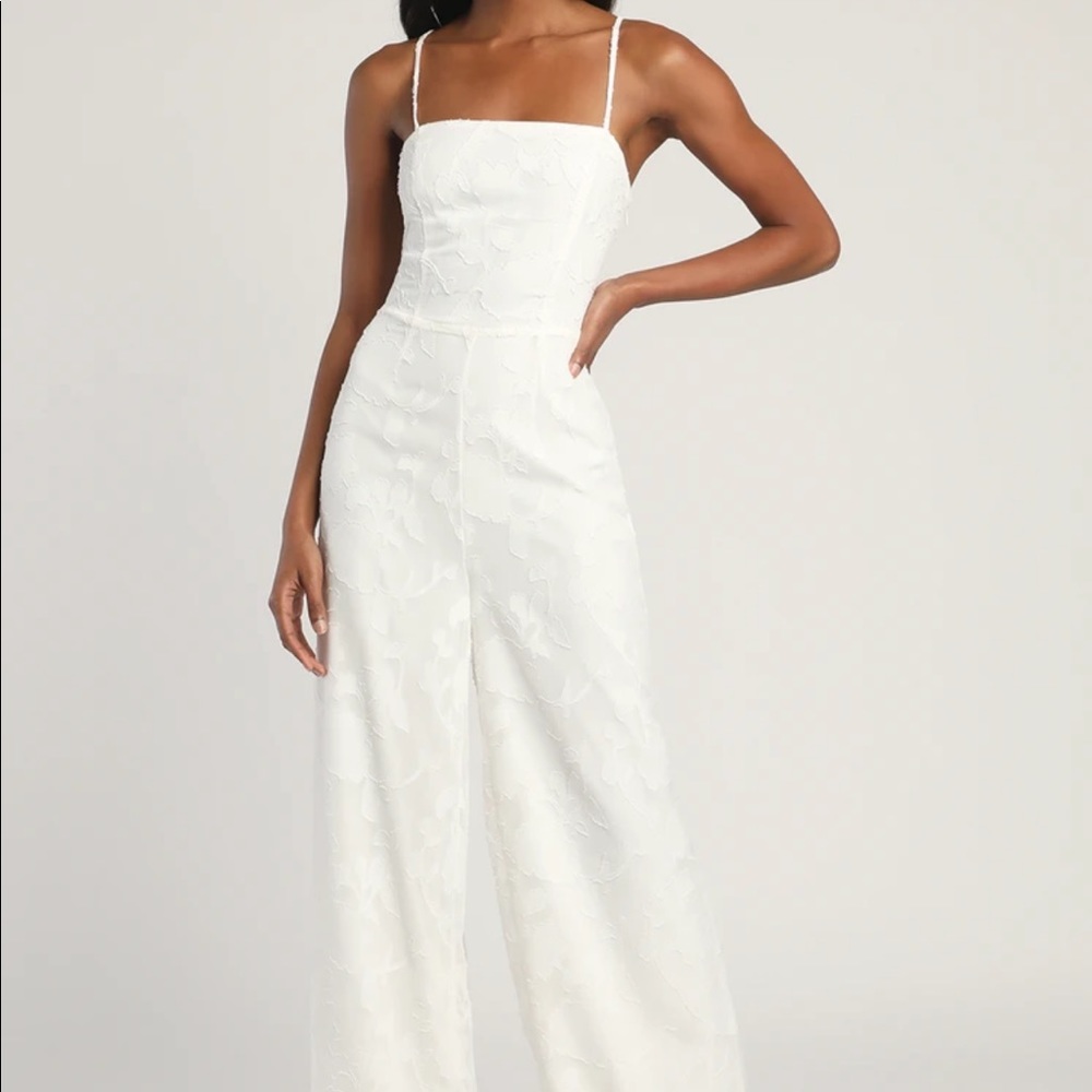 Lulus- ‘Flower Up Ivory Sleeveless Lace Up Wide Leg Jumpsuit’